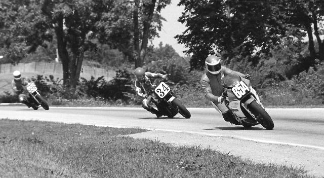 Ken Davis (654) leads Ed Key (34) in a WERA sprint race at Road America sometime in the mid-1980s. Davis was a novice racing a Yamaha RZ500, but the two-stroke GP inspired machine wasn’t beyond Davis’ skill level. He dominated the novice ranks on the bike in the WERA North Central Region, often beating experts along the way. (Larry Lawrence photo)