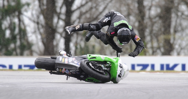 Dominguez, Dustin - Rd Atl 09 Dustin Dominguez, of Newalla, Okla., flies over his Kawasaki ZX-6R while crashing in the rain during an AMA Pro SuperSport at Road Atlanta in April of 2009. Dominguez has been one of the leading AMA Supersport riders over the last two seasons. (Larry Lawrence photo)