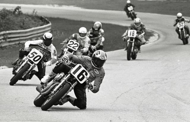 Jason Fletcher leading fellow flat tracker Matt Wait (50), James Whitaker (22), Bob Meister (18) and several other unidentified riders in the Harley-Davidson 883 Twin Sport race at Road America in June of 1993. (Larry Lawrence photo)