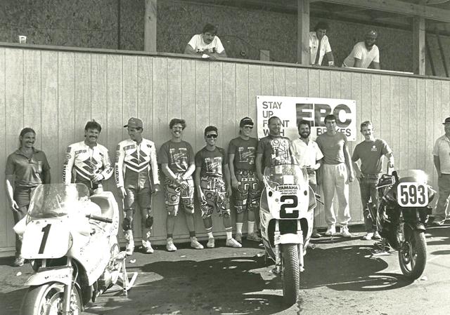 These are the podium finishers from a WERA National Endurance race at Grattan (Mich.) Raceway, I believe in 1988. The riders pictured here (from left) are: Mike Harth and Thomas Stevens of Team Suzuki Endurance, Kurt Hall, Ben Martinez, Andy Fenwick (and team captain Dave Zupan) with the Human Race Team, and Dreyer Honda Racing’s Scott Zampach, Gary Jeffries and Gene Burcham, who managed to put a Honda CBR600 on the podium. Today is Ben Martinez’ birthday. Happy birthday Ben!  (Larry Lawrence photo)