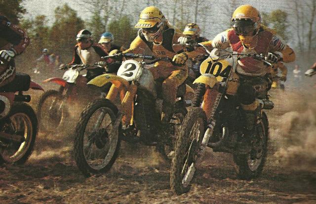 Bob Hannah and Roger DeCoster launch off the line at the 1977 St. Peter’s (Mo.) Trans-AMA. (AMA press kit photo)