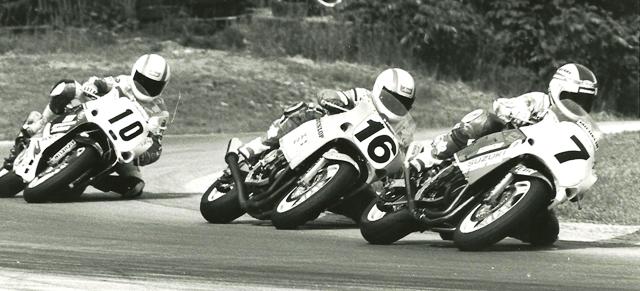 Harth - Road Am 750SS - 1989 Mike Harth (7), Cam Roos (16) and Jamie James (10) race together coming out of turn six at Road America in Elkhart Lake, Wis., during the 1989 AMA 750cc Supersport race. (Larry Lawrence photo)