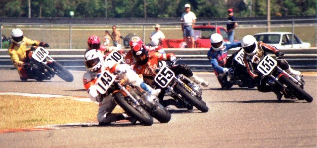 Tony Montenegro leads Randy Texter (65), Roger Reiman (155) and others including Matt Wait and Ron McGill in a Harley-Davidson 883 Twin Sports race at Daytona in the early 1990s. (Tony Montenegro collection)