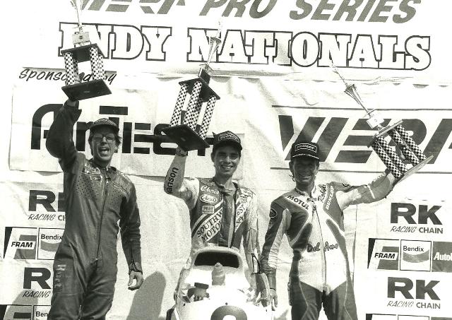 Indy F-2 The WERA Air Tech Formula II podium at Indianapolis Raceway Park in 1992 – (from left) third-place Kurt Hall, winner Chris D’Aluisio and second-place Robbie Petersen. (Larry Lawrence photo)