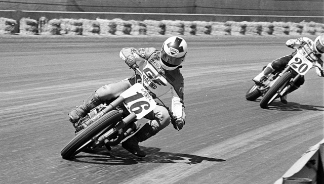 Jones, Ronnie - Indy Mile 1986-sm Ronnie Jones races his No. 16 GF Racing Honda ahead of factory Harley-Davidson’s Chris Carr in the Sunday Indy Mile in 1986. Jones raced to the runner-up position behind Ricky Graham, while Carr finished seventh. (Larry Lawrence photo)