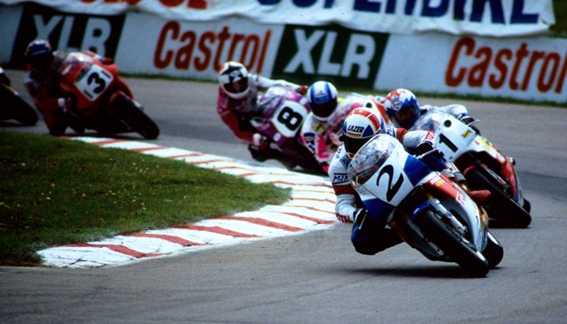 Mertens, Stephane - Mosport '90 Stephane Mertens leads Canadian wildcard riders Michel Mercier and Pascal Picotte, Baldassarre Monti (8) and Raymond Roche (3) early in one of the World Superbike rounds at Mosport in June of 1990. Roche came through to win both of the Canadian rounds. (Larry Lawrence photo)