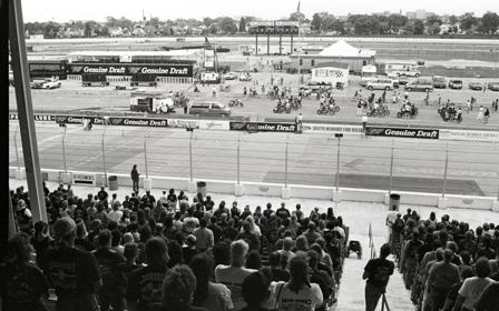 Mil Mile 4 It was Harley-Davidson’s 90th anniversary and the main grandstands were packed for the Harley 883 race on the Milwaukee Mile. The race was full of carnage and left several riders with serious injuries. (Larry Lawrence photo)