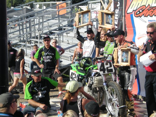 podium The Springfield Mile podium with (from left) third-place Jared Mees, winner Bryan Smith and second-place Chris Carr. (Larry Lawrence photo)