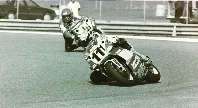 Stevens - Daytona Thomas Stevens (111) battles Tom Kipp (16) in the Solo GTO class at Daytona International Speedway during the March of 1991 AMA/CCS sprint races. Stevens pulled away to beat Kipp in the race. Both riders were using the CCS races, which launched Bike Week at Daytona, to ready for the AMA Pro events the following week. (Larry Lawrence photo)