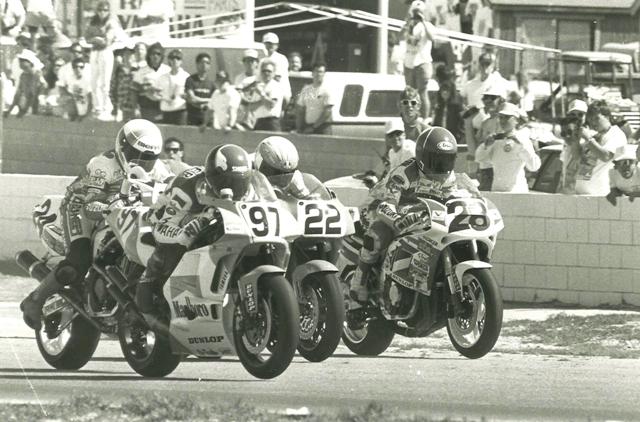 Rich Oliver, racing the No. 97 Marlboro Yamaha YZR500 GP bike, gets the jump at the start of a WERA Pro Formula USA race at Willow Springs Raceway, in Rosamond, Calif., in April of 1991. Starting alongside Oliver is Muzzy Kawasaki’s Scott Russell (22), Valvoline Suzuki’s Britt Turkington (28) and Yoshimura Suzuki’s Chuck Graves (24). (Larry Lawrence photo)