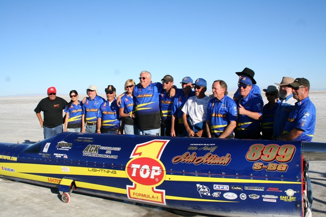 The impressive Top 1 Oil Ack Attack streamliner, built by designer Mike Akatiff and piloted by racer Rocky Robinson, eclipsed the previous record by 8 mph in September, notching a two-way average speed on the table-flat Salt Flats of 376.363 mph. (Photo courtesy Top 1 Oil Ack Attack)
