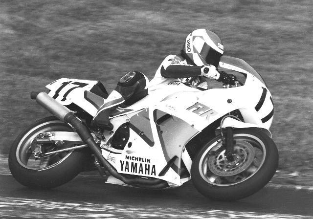 Filice - Mid-Ohio 1987 Jimmy Filice racing the factory Yamaha FZR750 in the AMA Superbike round at Mid-Ohio in 1987. (Larry Lawrence photo)