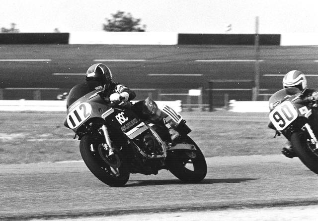 Harth - Stevens - Rock Mike Harth (112) and Thomas Stevens (90) battle in a WERA A Superbike race at Rockingham in 1986. Harth was racing a Suzuki GSXR750 and Stevens a GSXR1100. Harth’s lighter and more nimble 750 was better in the twisty infield section, but Stevens could motor past on Rockingham’s banking. In the end it horsepower won out as Stevens beat Harth to the checkered flag. (Larry Lawrence photo)