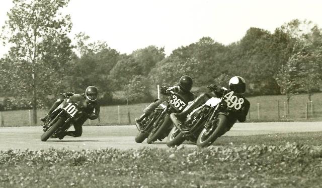 Hessel - IRP Ed Hessel (498) leads Mike Schultz (367) and Burdette Phillips (101) in a WERA B Superbike Novice heat race at Indianapolis Raceway Park in 1984. Hessel won Saturday’s qualifying heat race, but it rained during the final the next day and Schultz came through as the winner. (Larry Lawrence photo)