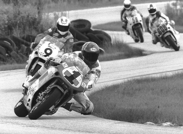 Donald Jacks has the No. 1 Team Suzuki Endurance machine in the lead in an early 1990s WERA National Endurance race at Moroso Motorsports Park. Jacks is just ahead of fellow Floridian racer Glenn Barry on the No. 9 Team R.E.S. Suzuki. (Larry Lawrence photo)Donald Jacks has the No. 1 Team Suzuki Endurance machine in the lead in an early 1990s WERA National Endurance race at Moroso Motorsports Park. Jacks is just ahead of fellow Floridian racer Glenn Barry on the No. 9 Team R.E.S. Suzuki. (Larry Lawrence photo)