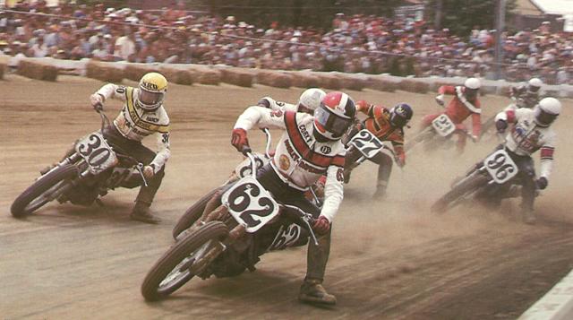 Keener - 1977 Corky Keener leading a pack that includes Randy Goss (still running the regional number 30X), Skip Aksland (27) and Billy Schaeffer (96) in a 1978 Grand National. (AMA press kit photo)