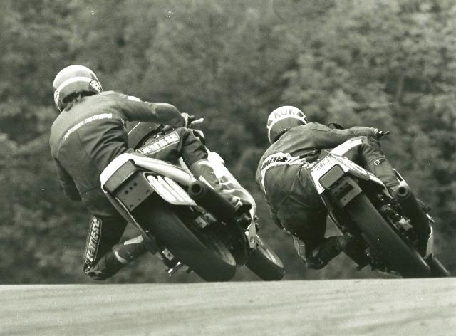 Kok, Steve Steve Kok leads another rider in a WERA race at Grattan Raceway in the mid-1980s. With a forest in the background you can see in this photo the reason Grattan was one of the most photogenic racetracks in America. (Larry Lawrence photo)