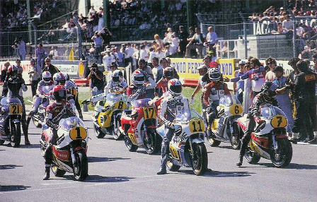 Riders ready for the start of the 1981 British Grand Prix at Silverstone with Kenny Roberts (1), Jack Middelburg (11) who won the race, Barry Sheene (7), Keith Huewen (21), Dave Potter (8), Freddie Spencer (17), Boet van Dulmen (6). 