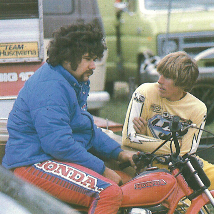 Tripes and Hannah Bob Hannah (yellow jersey) talks to his buddy Marty Tripes before an outdoor national in 1979. (AMA press kit photo)