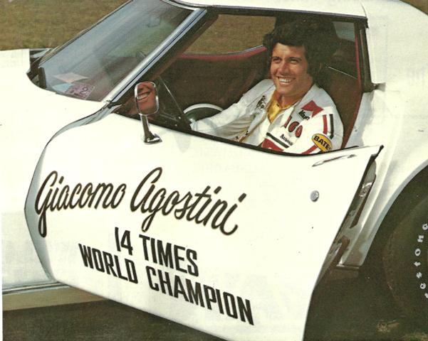 Ago's Vette How happy was Daytona International Speedway to have multi-time World Champion Giacomo Agostini in the Daytona 200? Happy enough that sponsor GM presented Agostini with a new Corvette in 1975. Makes you wonder what Valentino Rossi might get if he were to come to race in America’s grand old race. At the MotoGP at Laguna Seca a few years ago Rossi raved about the Cadillac Escalade courtesy vehicle he was given for the weekend, so who knows? (Courtesy DIS)
