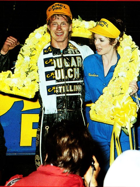 Aseltine, Steve - Daytona 1989 Steve Aseltine celebrates after winning one of the most exciting Daytona Short Track races ever over Chris Carr in 1989, the first year at Municipal Stadium. (Courtesy DIS)