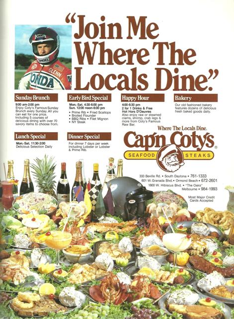 Barry, Glenn - ad A mid-1980s advertisement for the Cap’n Coty’s restaurant chain with Floridian AMA Superbike rider Glenn Barry serving as pitchman.