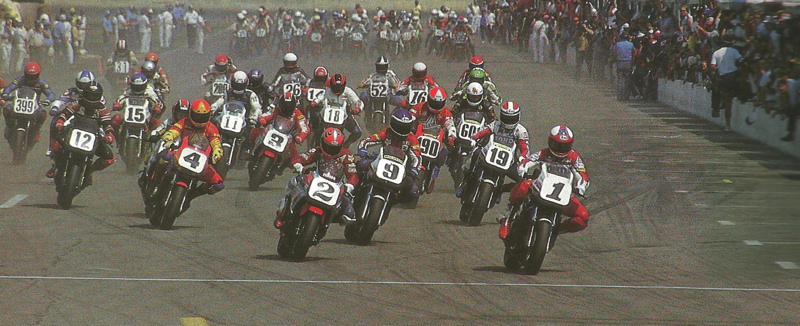Daytona 200 (1985) This panoramic view of the start of the 1985 Daytona 200 shows Fred Merkel leading the pack into the first turn. That year’s race marked the start of the Superbike era of the 200. (Courtesy DIS)