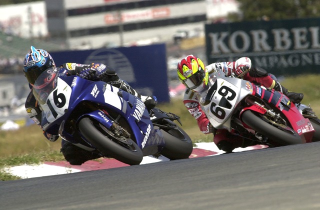 Gobert - Hayden - Sears 2001 Sears Point – May 2001: Honda’s Nick Hayden (16) made a last-ditch effort on the final turn to get back the lead over Yamaha’s Anthony Gobert (16), but came up just short at the checkered flag. It was Australian Gobert taking the win at Sears Point (now Infineon Raceway), marking the first AMA Superbike victory for Yamaha since Scott Russell won Daytona on a Yamaha in 1998. It was a hot day in the Sonoma Valley that day. Gobert had earlier won the 600 Supersport race. He was exhausted after the Superbike race and had to be administered an IV after the Superbike race, missing the post-race press conference. (Brian J. Nelson photo)