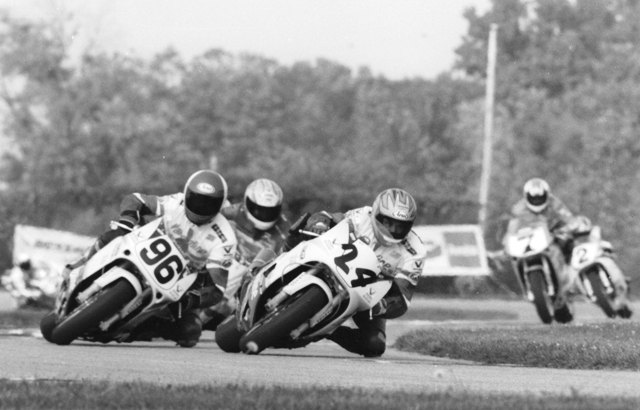 Graves, Chuck - IRP F-USA Chuck Graves (24) leads Valvoline Suzuki teammate Michael Martin (96) in a WERA Formula USA race at Indianapolis Raceway Park in 1992. (Larry Lawrence photo)