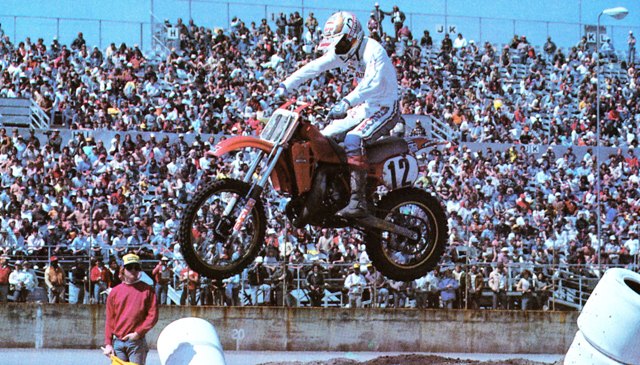 Bob Hannah is the center of attention for the fans as he jumps his factory Honda at the Daytona Supercross in 1983. Hannah won that year’s race ahead of fellow Honda riders Johnny O’Mara and David Bailey making it a Honda sweep of the Daytona Supercross podium. (Courtesy DIS)