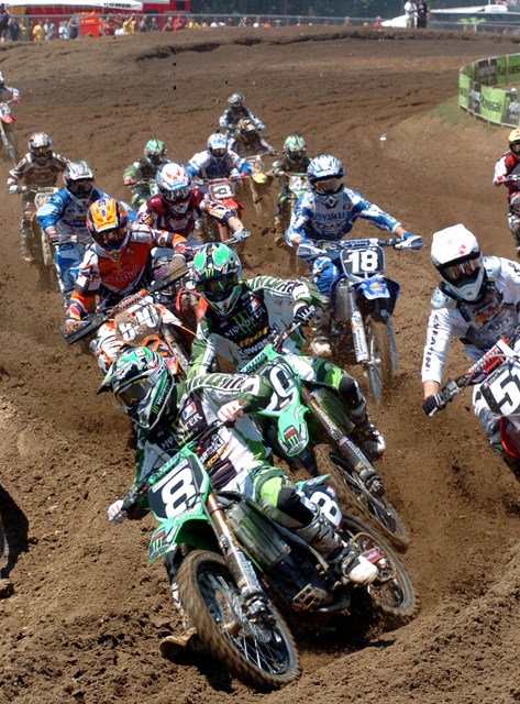 Langston, Grant - Red Bud 125 (2005) Grant Langston, of South Africa, leads the start of the AMA 125cc Motocross Championship race in 2005 at Red Bud Track ‘N Trail on his Monster Energy Drink Kawasaki. (Larry Lawrence photo)