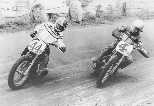 Morehead - 44F Steve Morehead (44F) was still a teenager when this photo was taken of him battling an unidentified rider through a turn at an unknown flat track. Steve went on to become one of the greatest Half-Milers of all time and earned the nickname of the Findlay Flyer. (Morehead press kit photo)