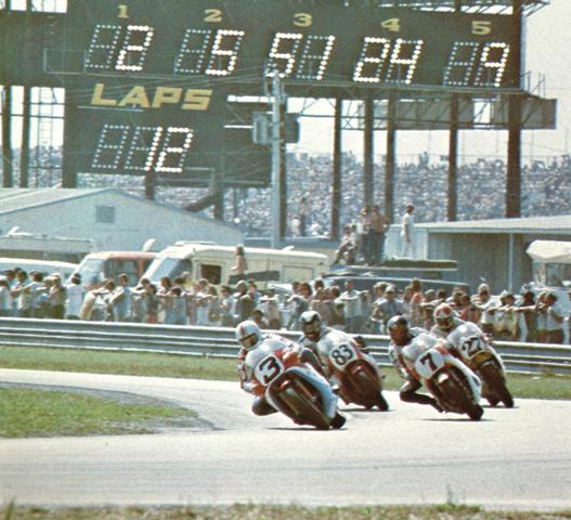 Romero - Daytona '76 Daytona 200 winner Gene Romero (3) leads Barry Sheene (7), who would become 500cc world champion that very season, Steve McLaughlin (83), who earlier in the weekend won the first AMA Superbike Championship Series race, and Skip Askland (27), who was starting his second full season as a pro and was considered the up-and-coming young road racer of that era, in the 1976 Daytona 200. (AMA press kit photo)