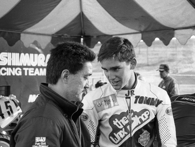 Sakakura & Lynch - 1988 Tommy Lynch talks with Yoshimura Suzuki’s Don Sakakura during a break in the action at the 1988 WERA Grand National Finals. (Larry Lawrence photo)