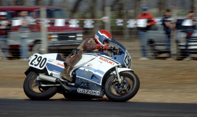Schledorn, Mark - 1986 Talladega Mark Schledorn racing his Suzuki RG500 in a WERA regional sprint race at Talladega Grand Prix Raceway in 1986. (Larry Lawrence photo)