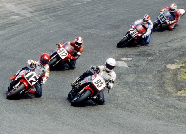 Shaw, Rick - Loudon '86 Floridian Rick Shaw on his No. 95 South Dade Yamaha-sponsored Yamaha FZ750 leads Yamaha factory rider Jimmy Filice (17) and the Suzuki GSXR750 trio of Doug Dean (412), Jeff Atwell (231) and Eric Ritter (133) in the 1986 AMA Superbike race at Bryar Motorsports Park in Loudon, New Hampshire. (Larry Lawrence photo)