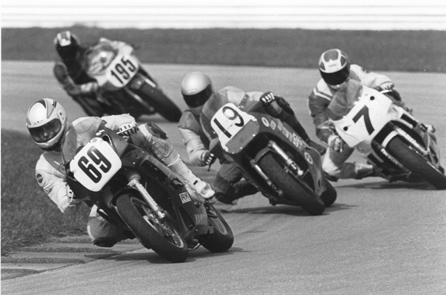 WERA National Endurance racing action from the late 1980s with a team called Twister Express (69) leading Two-Stroke Racing (19), Team Machine (7) and Darotune Racing (195). Team Machine and Darotune were two of the leading teams of that era. It was always interesting to watch the wide range of motorcycles mixing it up in the course of the four, six, eight or even 24 hour race. (Larry Lawrence photo)