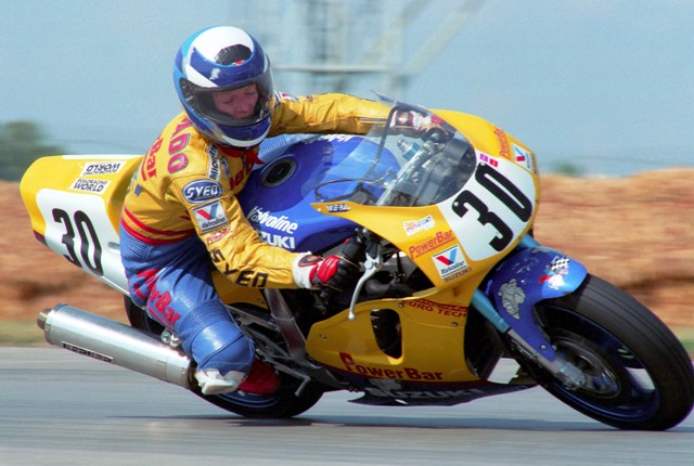 Nancy Delgado races, eyes closed, through the carousel at Indianapolis Raceway Park during a WERA race there in 1994. Of course the photo just happened to be shot when Nancy was blinking, but gives the appearance that Nancy was riding around IRP with her eyes closed. (Larry Lawrence photo) 