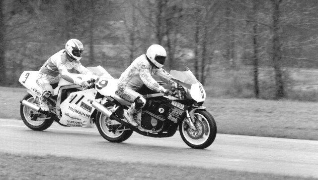 Hoge, Todd - Roebling Road 3-91 Todd Hoge (No. 9) out brakes Tripp Nobles on the last lap of a WERA B Superstock race on a rainy Roebling Road in March of 1991 to take the lead and the eventual victory. It marked the first time Hoge had won a Suzuki GSXR contingency race. (Larry Lawrence photo)
