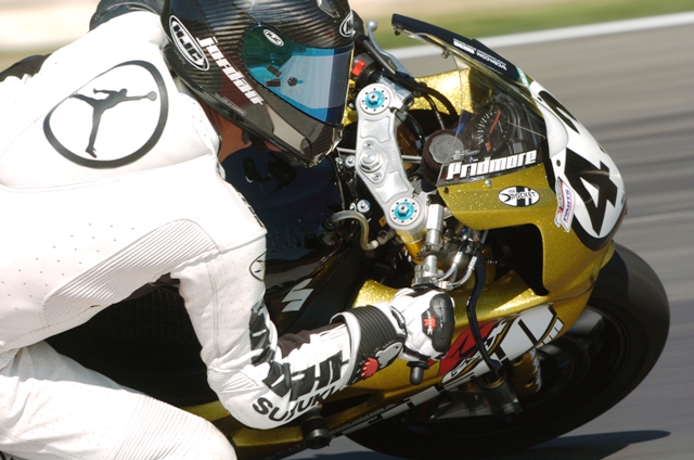 Pridmore - Mid-O 2006 Jason Pridmore on the Jordan Brand Suzuki at Mid-Ohio in 2006 photographed in a shooting technique of filling the frame to an extreme degree. (Larry Lawrence photo)