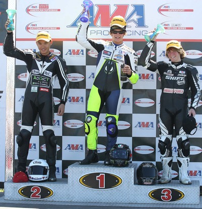 James “The Rocket” Rispoli stands atop the podium in his breakthrough road race victory in AMA Pro SuperSport at New Jersey Motorsports Park in Sept. of 2010. (Courtesy AMA Pro Racing)
