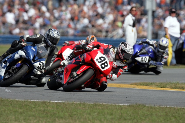Zemke - Daytona 200 (2006) Jake Zemke (No. 98) laps David McPherson (No. 594) en route to winning the 2006 Daytona 200 by Honda at Daytona International Speedway. Zemke, of Paso Robles, Calif., earned his first victory in the prestigious motorcycle road race in only his third appearance in the prestigious race. (Brian J. Nelson photo)