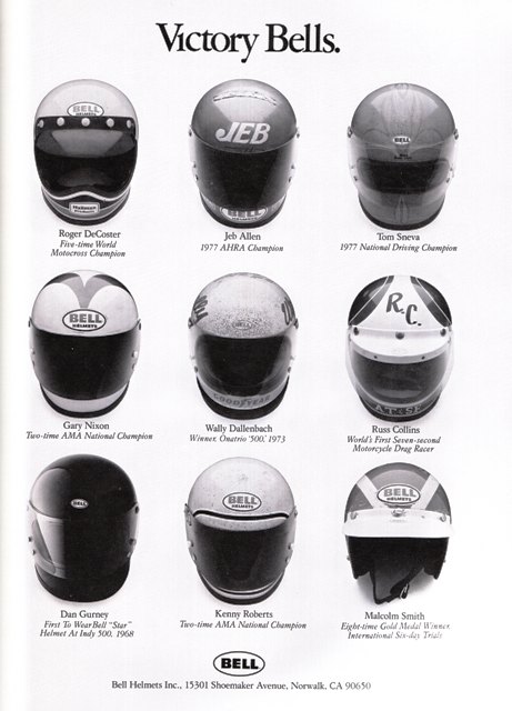 A great Bell Helmets ad from 1977. Many motorcycle greats wore Bell. They were the first to introduce a full-face helmet for motorcycle competition.
