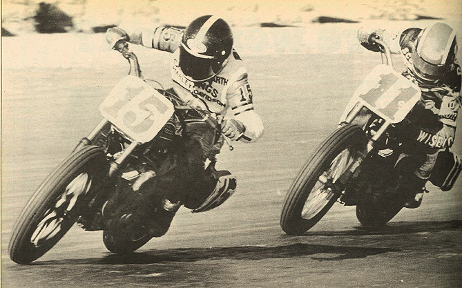 Garth Brow (15) battling Scotty Parker in Brow's famous comeback victory at the San Jose Mile in 1981.