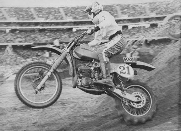The first Oakland supercross race was held on January 18, 1979 and Jimmy Weinert won on a Kawasaki. Jimmy Weinert used a paddle tire, to win on the all sand track. The AMA has since ruled paddle tires illegal. (Photo Credit: Dick Miller Archives)