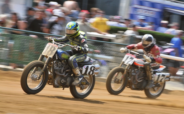 Zeeland, Michigan’s Brett Pankey leads Michael Radley, of Coeymans Hollow, N.Y., down the front straightaway during a Grand National Heat race at Beulah Park in Grove City, Ohio in August of 2009. (Larry Lawrence photo)