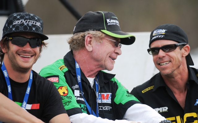 Pietri - Nixon - Barnes Robertino Pietri, Gary Nixon and Michael Barnes cutting up after the day's racing at Road Atlanta in 2009. One of the great aspects of the racing world is seeing the mutual admiration between riders of different generations. (Larry Lawrence photo)