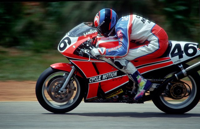 Sevier, Landers - Rd Atl - May 1992-sm Landers Sevier tucks under the paint as he accelerates his Cycle Motion Honda RC30 out of turn five at Road Atlanta during a WERA National Endurance race in 1992. Sevier and teammate Joe Brett Williams finishes second in the event. (Larry Lawrence photo)