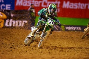 Pro Circuit/Monster Energy/Kawasaki’s Broc Tickle earned his first victory of the 2011 Western Regional Supercross Lites class season last weekend in Oakland. Tickle now trails division leader Hansen by one point heading into Anaheim this Saturday. (Photo Credit: Hoppenworld.com)