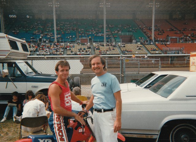 Bubba Shobert with Bill Jones at the Indy Mile sometime in the mid-1980s. Jones is the son of J.B. Jones, who was multi-time AMA Champion of the 1930s. Bill was heavily involved in the sport himself. He promoted night before the Indy Mile flat track races in Kokomo, Indiana, in the 1980s.